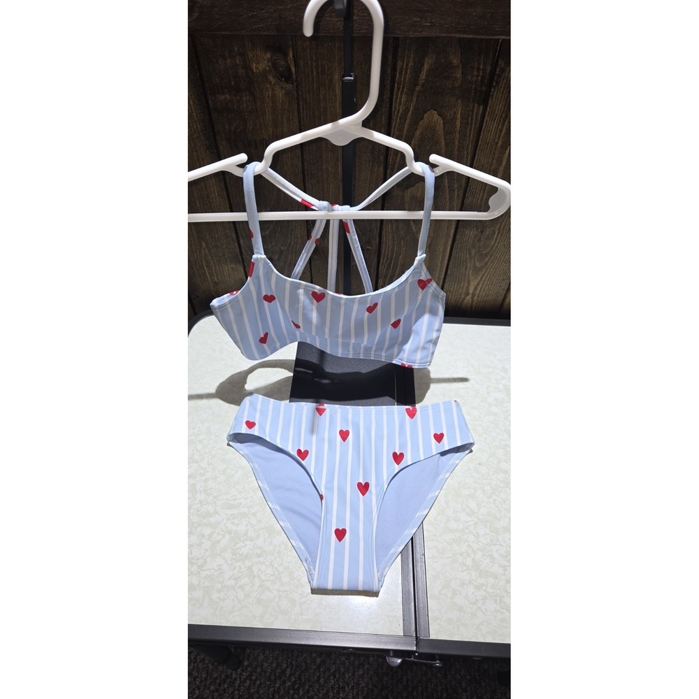 Member's Mark Girls Bikini Set S 6/6X Blue Stripe Red Heart Two Piece Swim